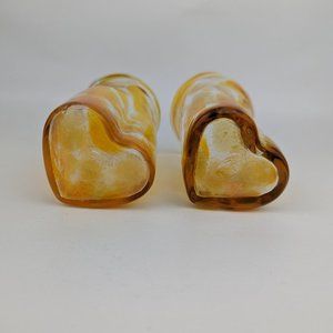 Pair of Blown Glass Heart Shaped Bottom Drink Glasses Yellow Handmade Signed Cup